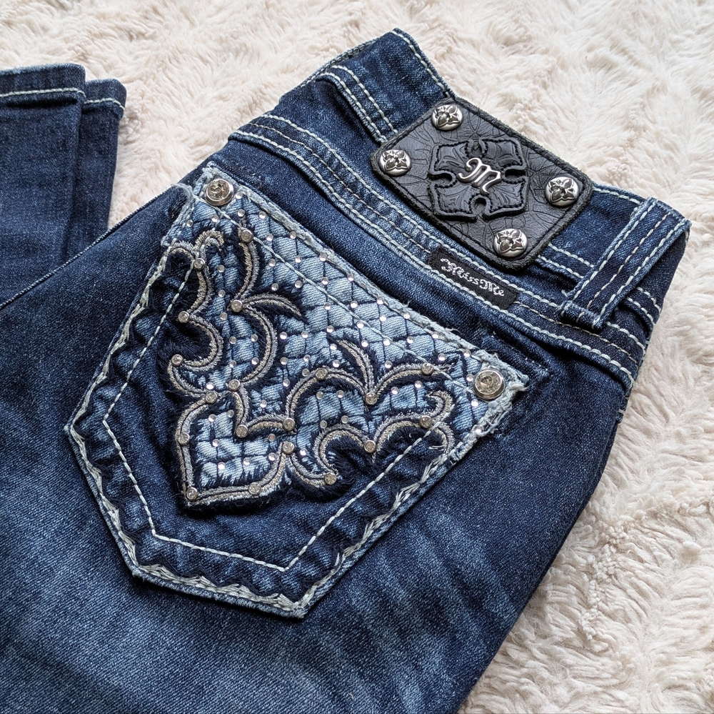 Gorgeous Miss Me Navy Boot Cut Jeans with Intricate Embroidery